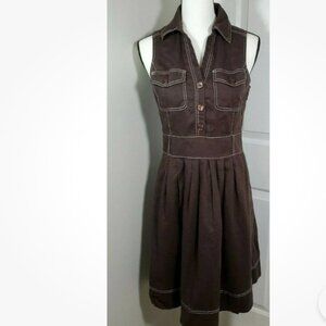 Vintage Carole little pleated brown collared contrast stitch dress linen utility